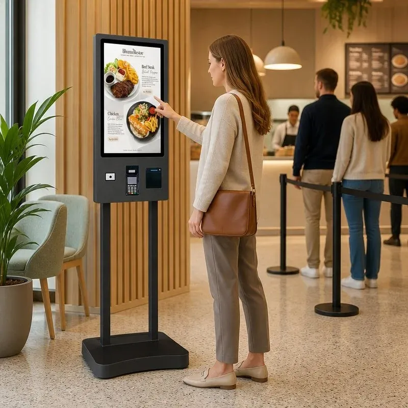 Borne de commande tactile installée en restaurant avec cliente commandant sur écran