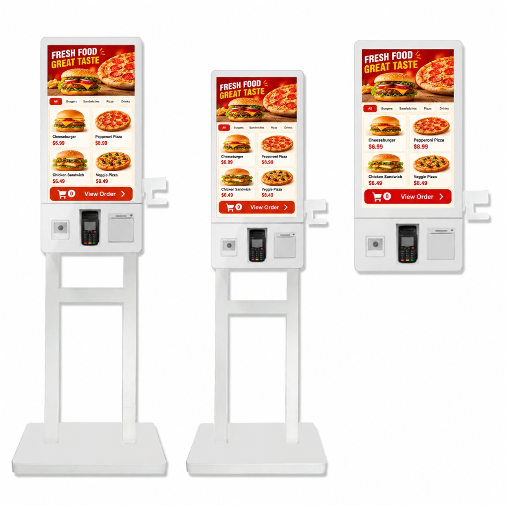 Formats de bornes tactiles : double pied, pied simple et fixation murale avec TPE et imprimante